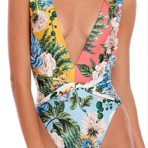 Agua Bendita Tropical Patchwork One-Piece in Yellow, Pink & Blue